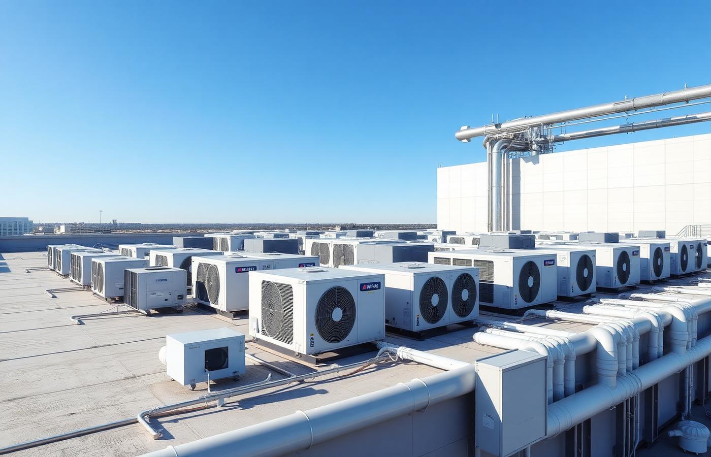 Illustrative image of rooftop commercial HVAC plant on a large building