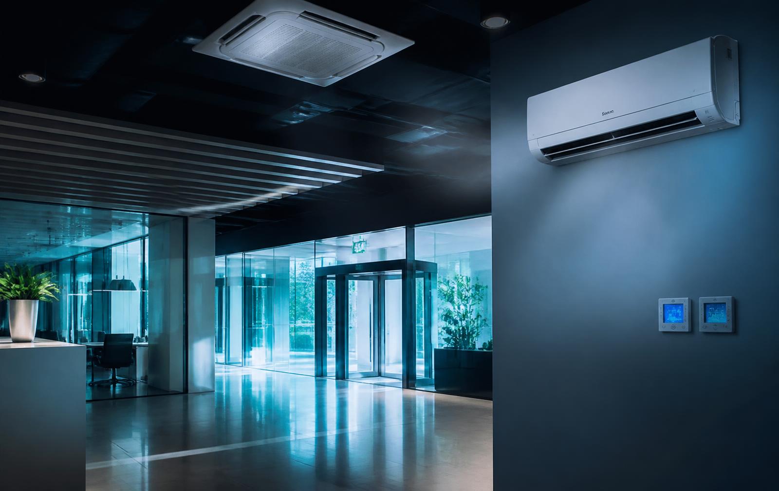 Modern commercial interior with cassette and split air conditioning units (illustrative)