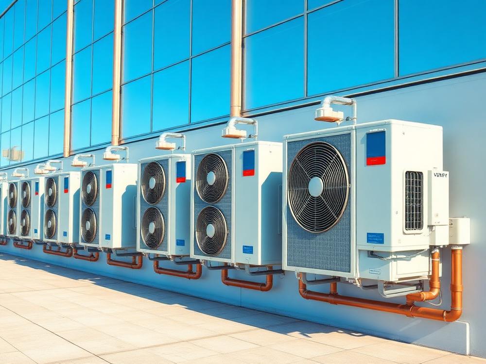 Illustrative image of VRF outdoor condensing units with copper piping on a building exterior